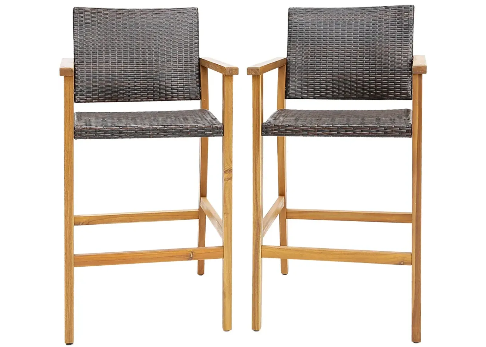 Set of 2 PE Wicker Patio Bar Chairs with Acacia Wood Armrests