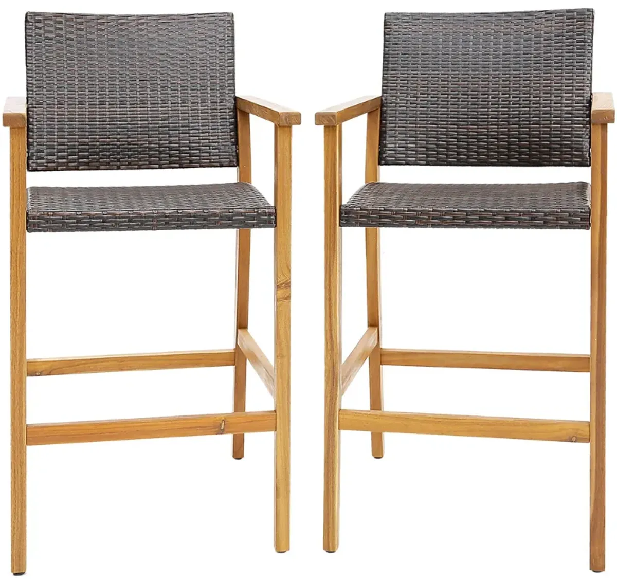 Set of 2 PE Wicker Patio Bar Chairs with Acacia Wood Armrests