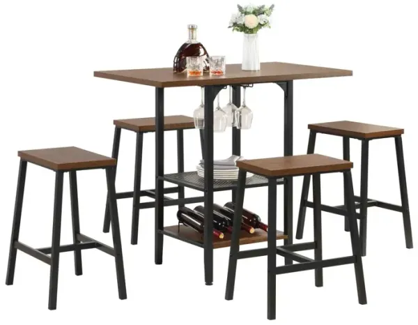 5 Piece Bar Table Set with Shelves and Wine Holder