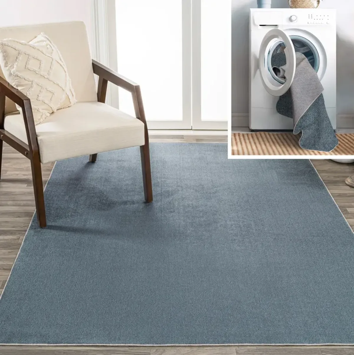 Twyla Classic Solid Low-Pile Machine-Washable Blue. Area Rug