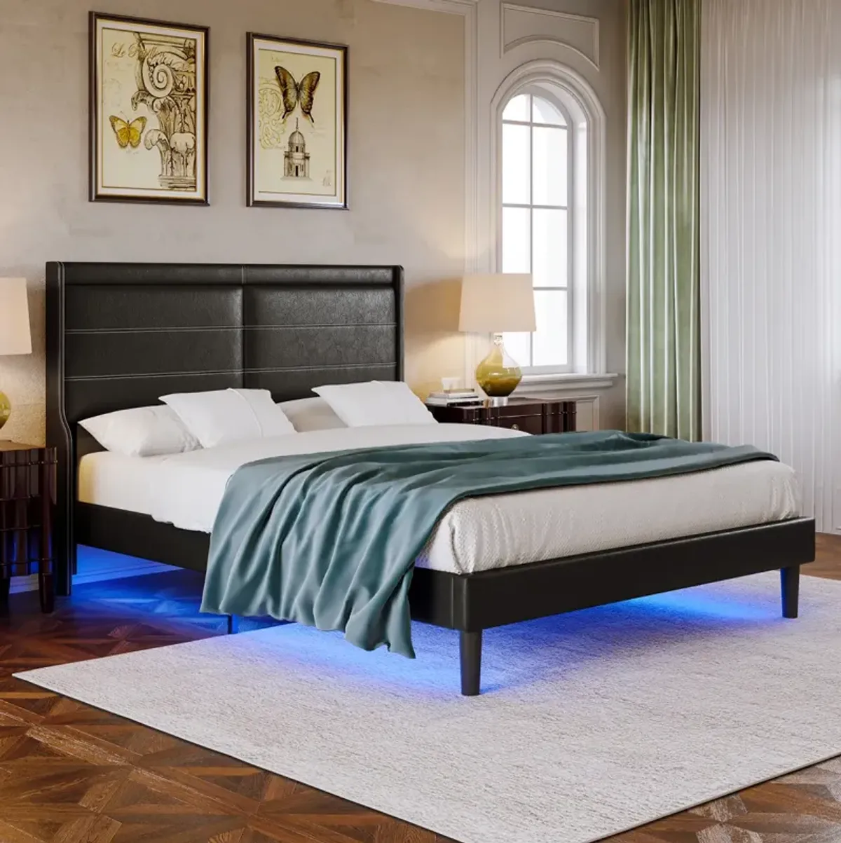 Stylish Queen Size PU Leather Upholstered Bed Frame Platform Bed With Lights Stitched