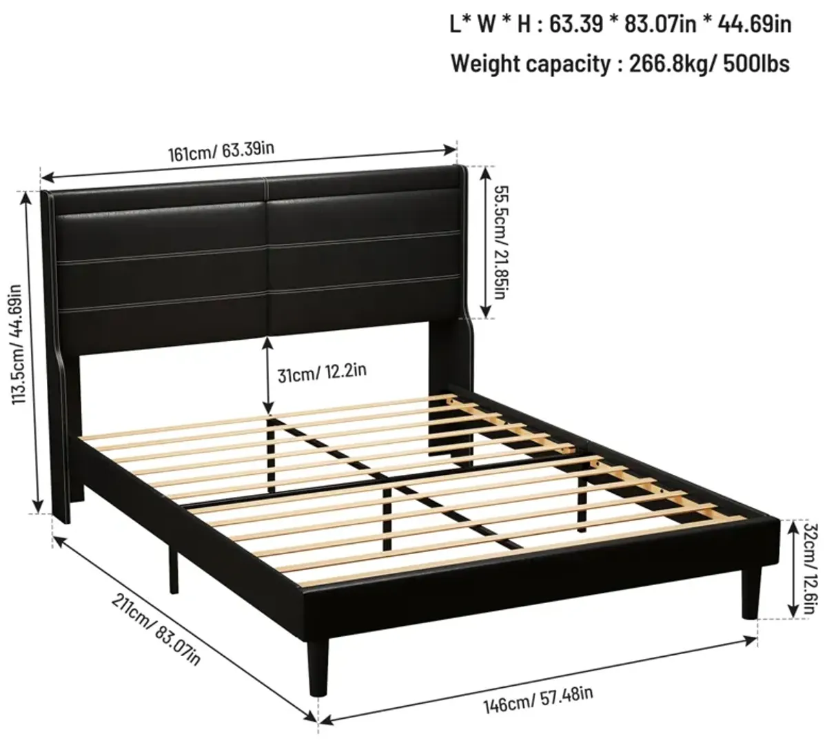 Stylish Queen Size PU Leather Upholstered Bed Frame Platform Bed With Lights Stitched