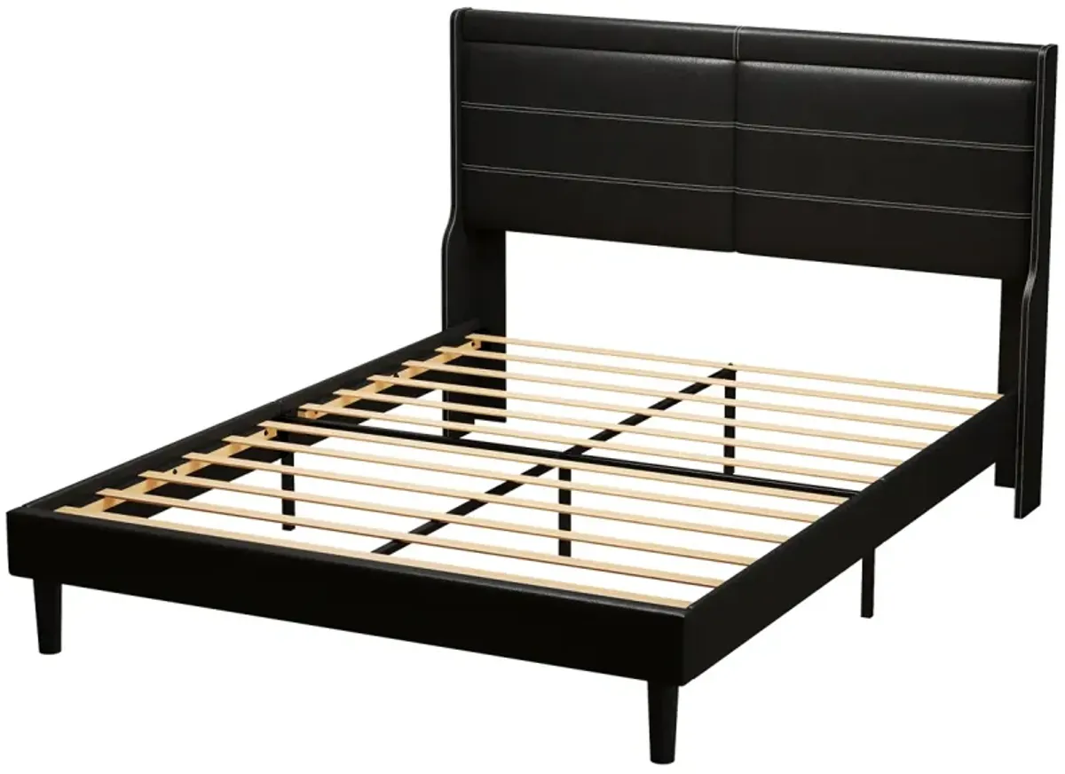 Stylish Queen Size PU Leather Upholstered Bed Frame Platform Bed With Lights Stitched