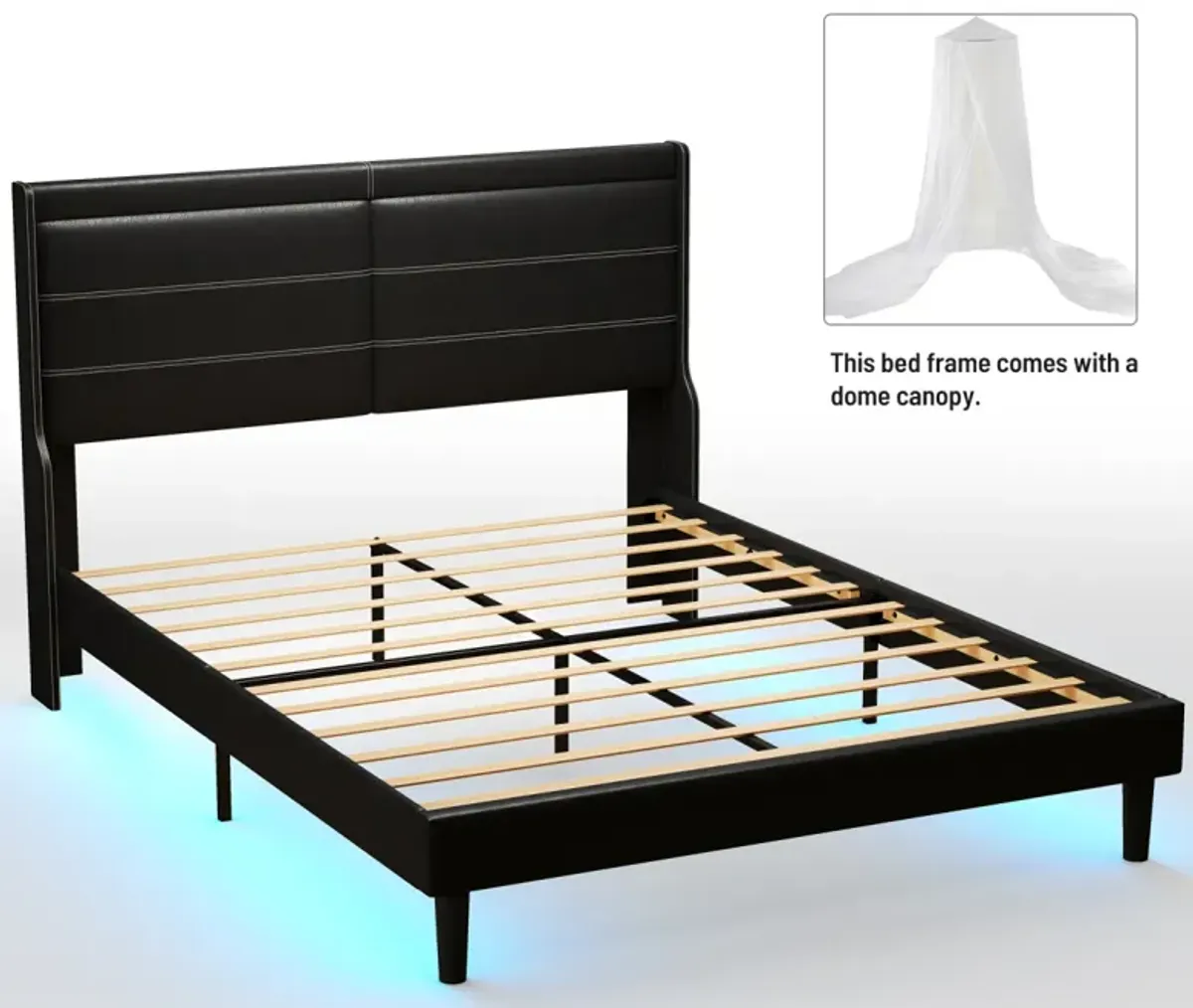 Stylish Queen Size PU Leather Upholstered Bed Frame Platform Bed With Lights Stitched