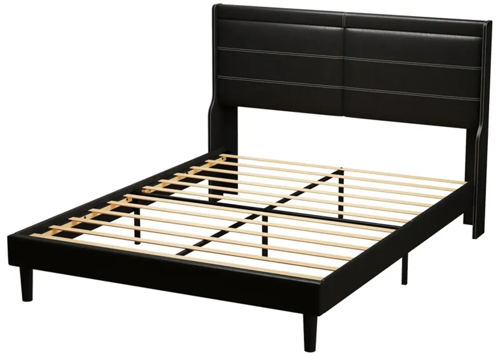 Stylish Queen Size PU Leather Upholstered Bed Frame Platform Bed With Lights Stitched