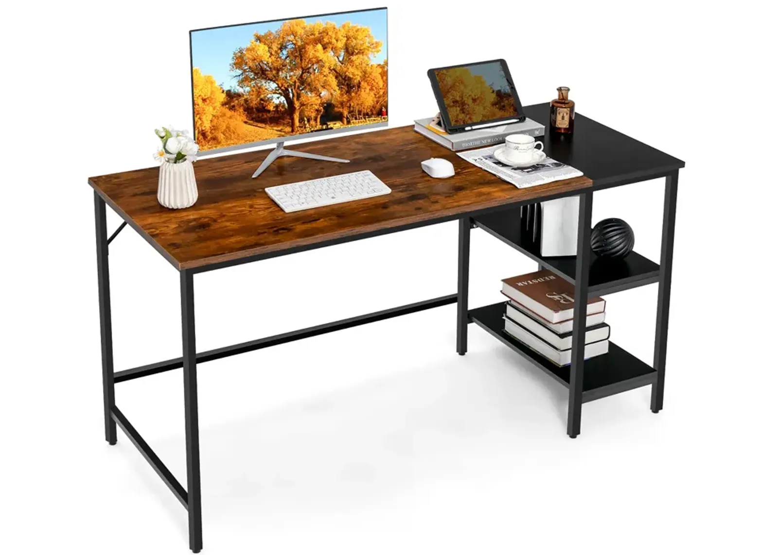 Costway 55'' Computer Desk Writing Workstation Study Table Home Office with Bookshelf Rustic