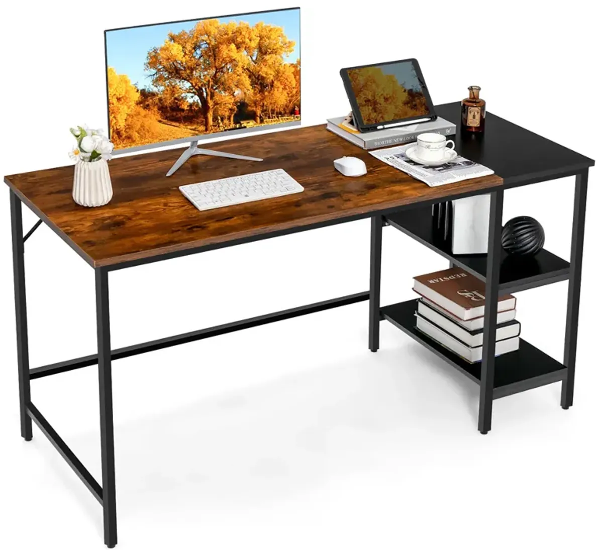 Costway 55'' Computer Desk Writing Workstation Study Table Home Office with Bookshelf Rustic