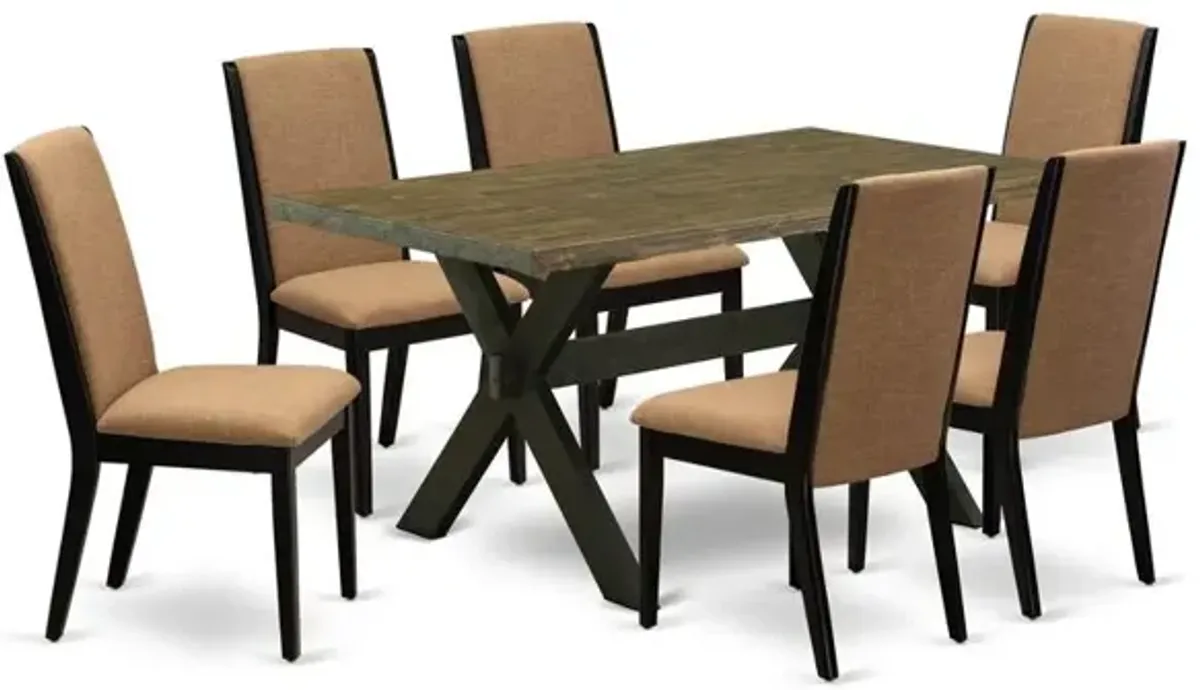 East West Furniture X676LA147-7 7-Piece Beautiful Dining Set an Outstanding Distressed Jacobean Dining Table Top and 6 Stunning Linen Fabric Kitchen Chairs with Stylish Chair Back, Wire Brushed Black