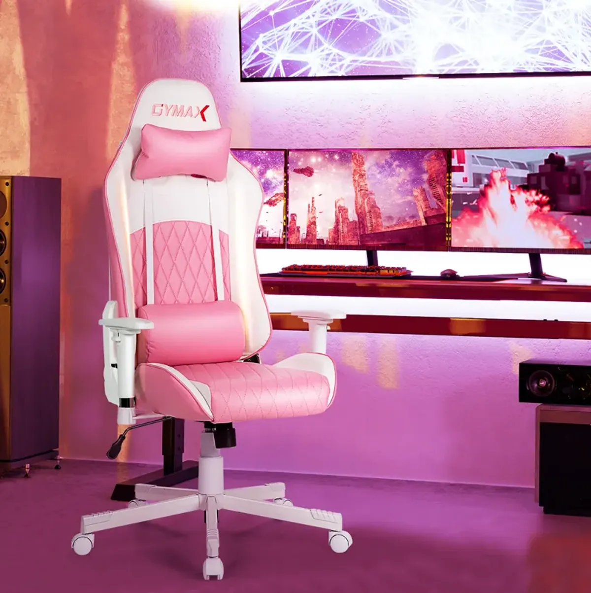 Costway Gaming Chair Racing Style Adjustable Swivel Computer Office Chair Pink