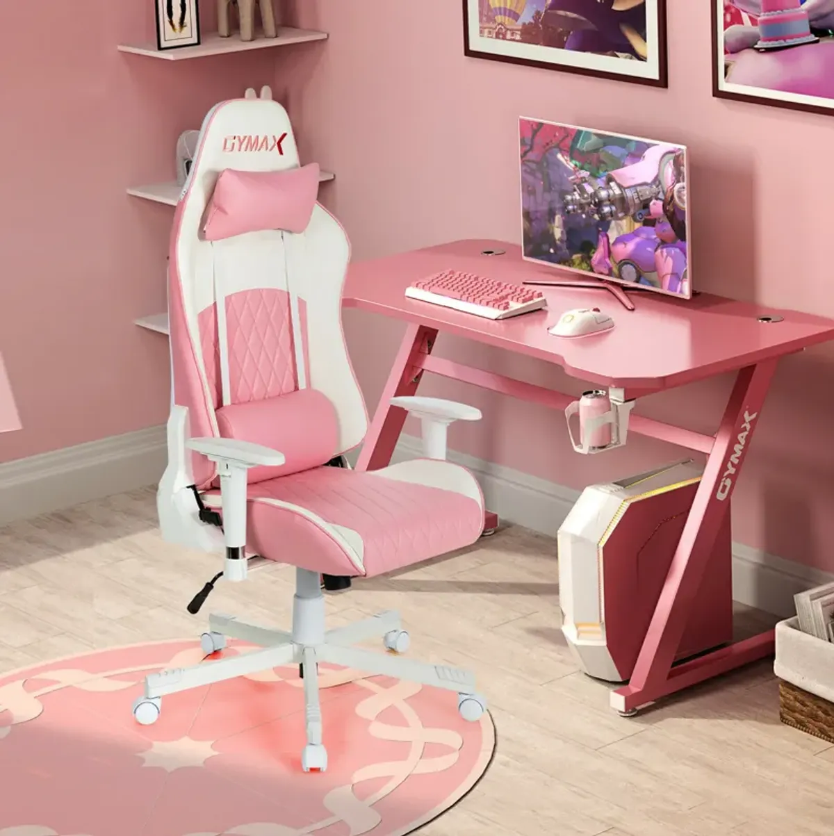 Costway Gaming Chair Racing Style Adjustable Swivel Computer Office Chair Pink