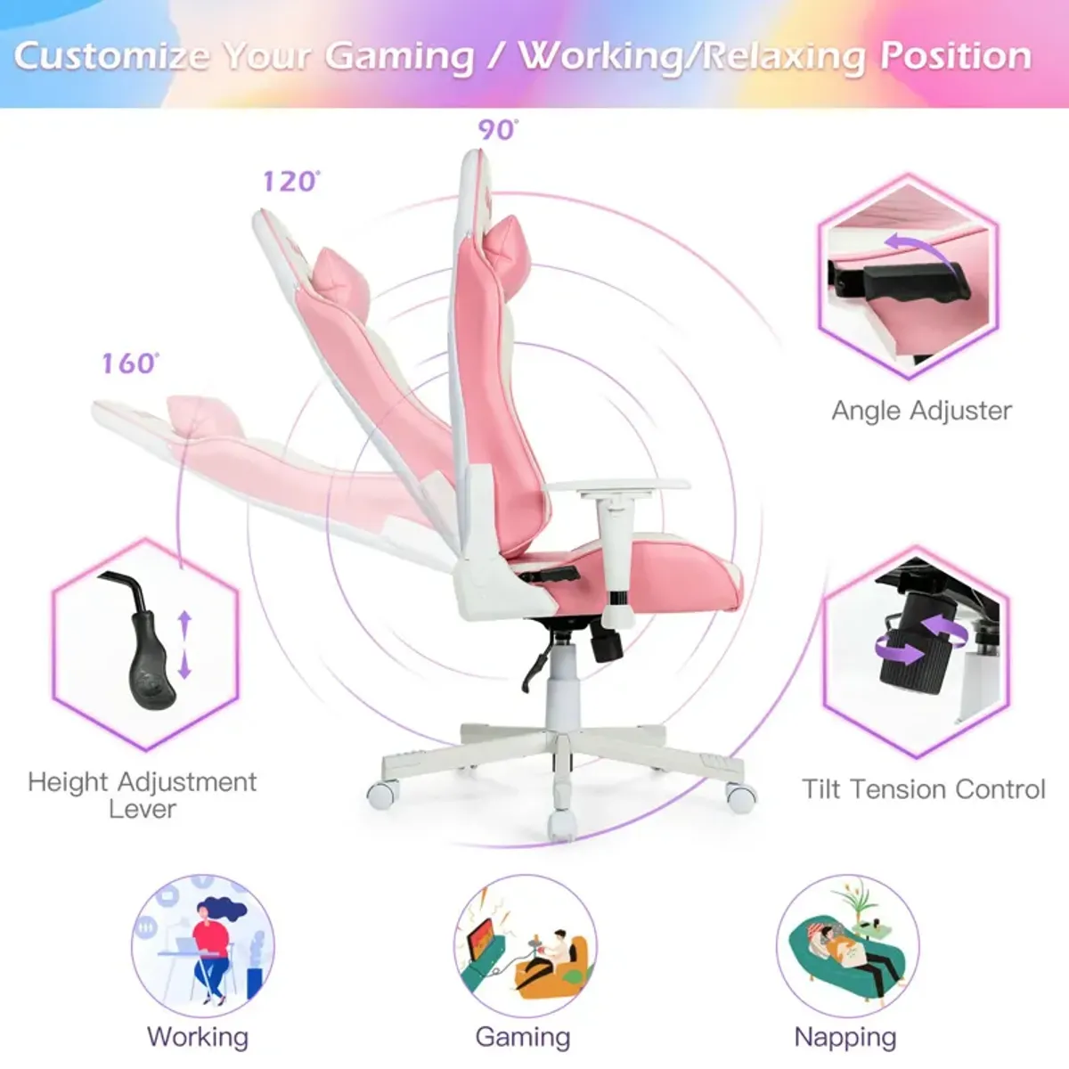 Costway Gaming Chair Racing Style Adjustable Swivel Computer Office Chair Pink