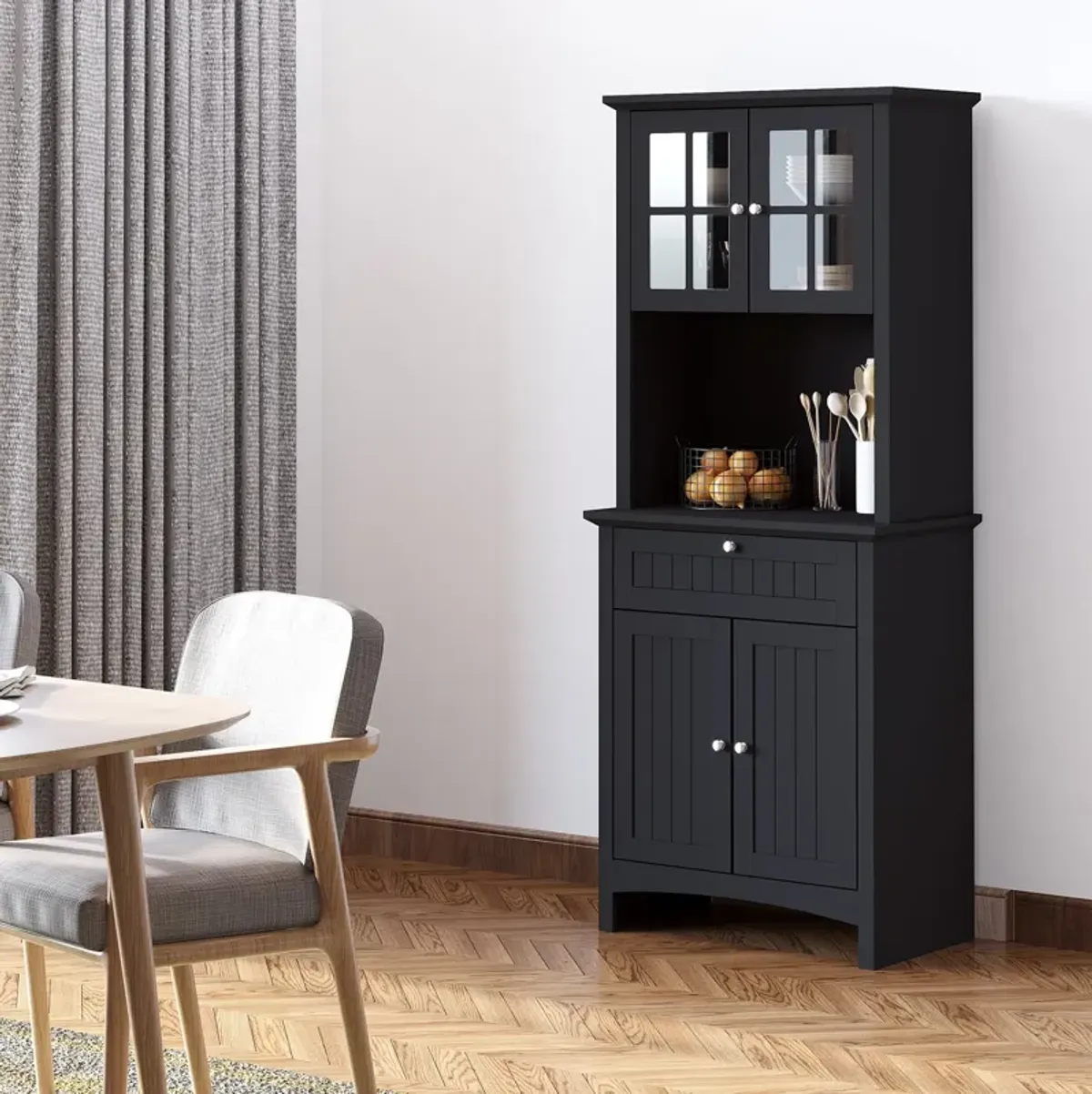 Black Kitchen Cupboard: Freestanding Buffet with Microwave Space