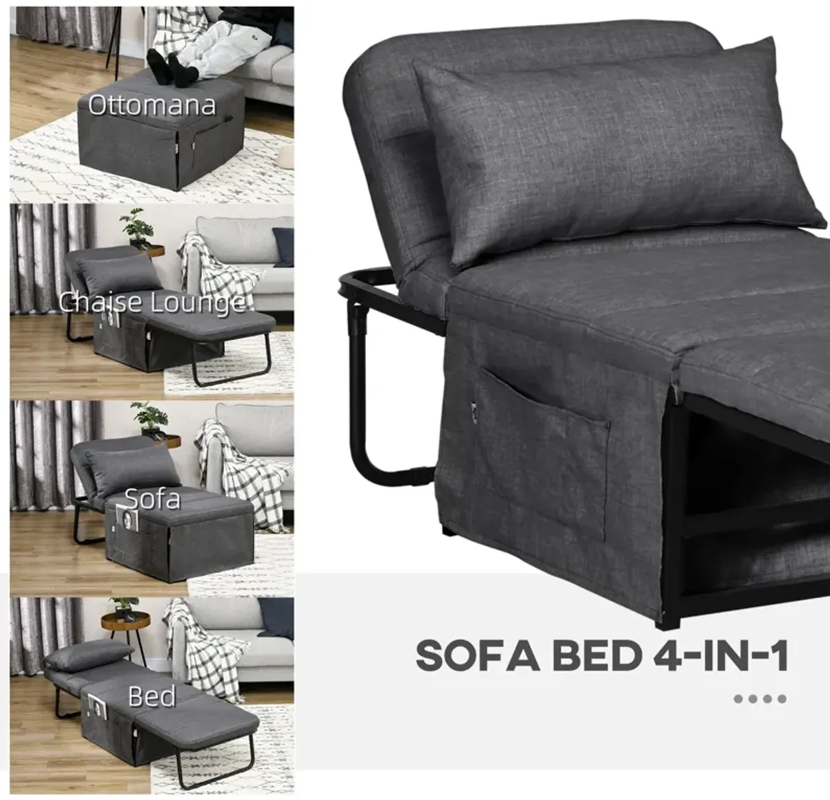 Charcoal Gray Lounger: Folding Sofa Chair Bed with Adjustable Back