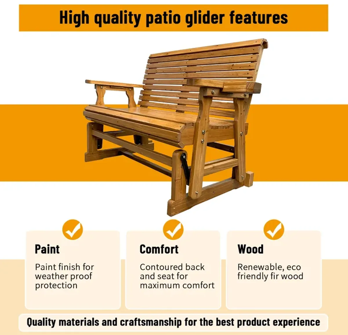 Patio Glider with Cup Holders, High Roll Back and Deep Contoured Seat, 2-Seater, Heavy Duty 800 Lb, 4 Feet (Brown 4 Ft)