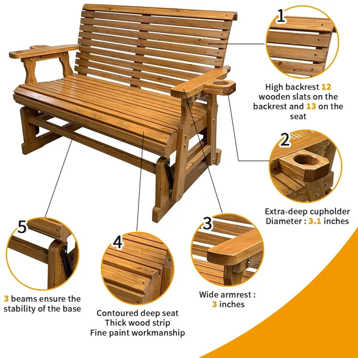 Patio Glider with Cup Holders, High Roll Back and Deep Contoured Seat, 2-Seater, Heavy Duty 800 Lb, 4 Feet (Brown 4 Ft)