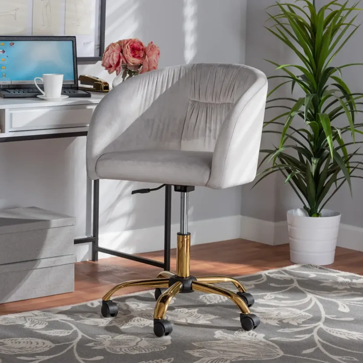 Baxton Studio Ravenna and Luxe Blush Pink Velvet Fabric and Gold Metal Swivel Office Chair