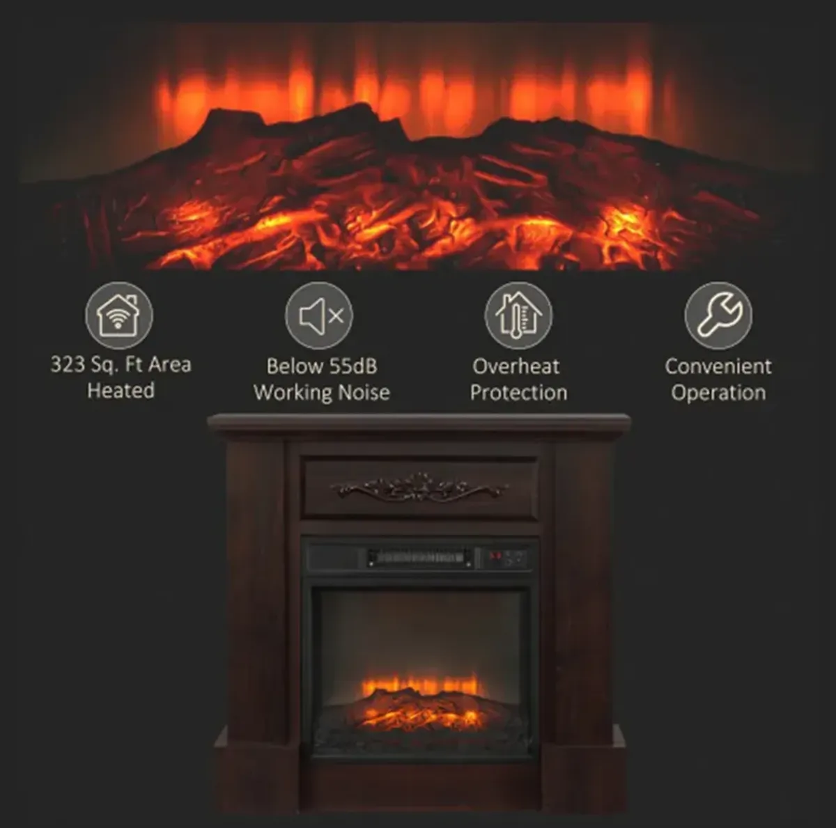 32-inch Freestanding Electric Fireplace with Decorative Shelf, 1400W Efficient Heating, LED Faux Wood Flame with Overheat Protection, Remote Control Operation