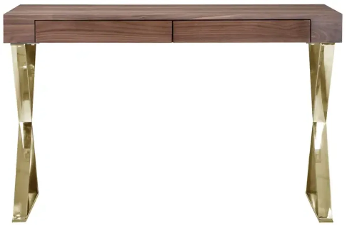 Ada Office Desk, 2 Drawers, Walnut Brown, Gold X Steel Legs, 47 Inch - Benzara