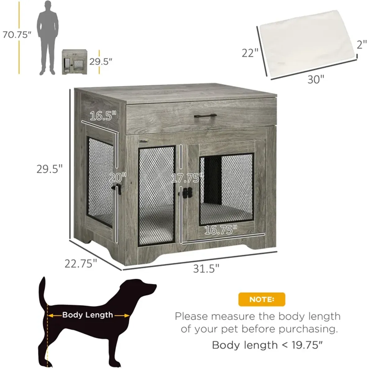 Gray Luxury Pet Crate: End Table with Cushion for Small Dogs