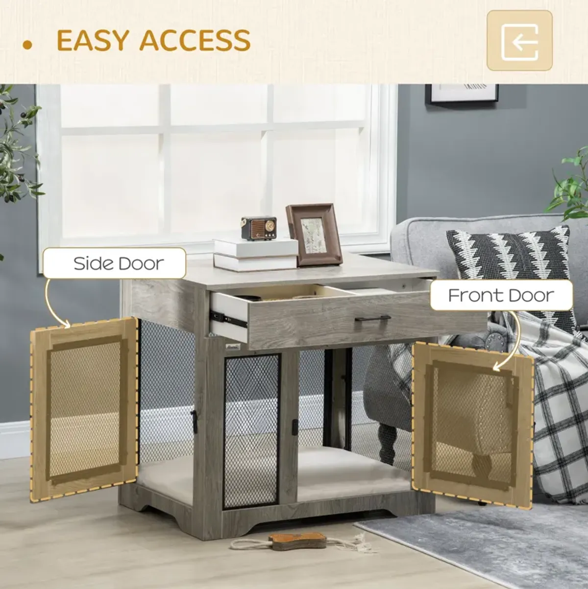 Gray Luxury Pet Crate: End Table with Cushion for Small Dogs