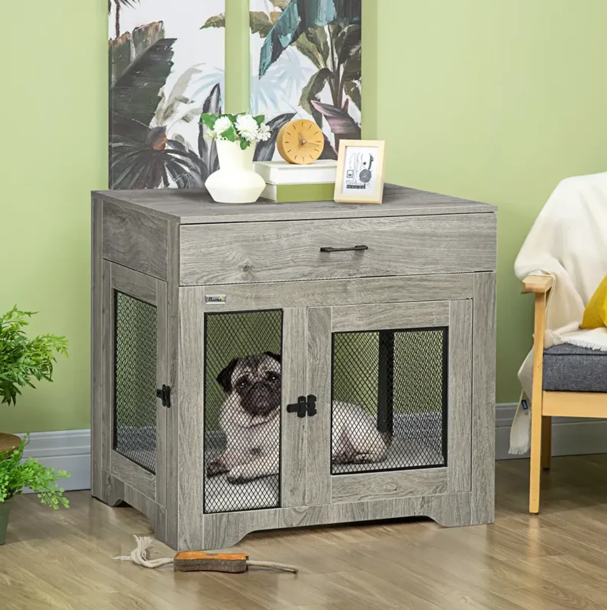 Gray Luxury Pet Crate: End Table with Cushion for Small Dogs