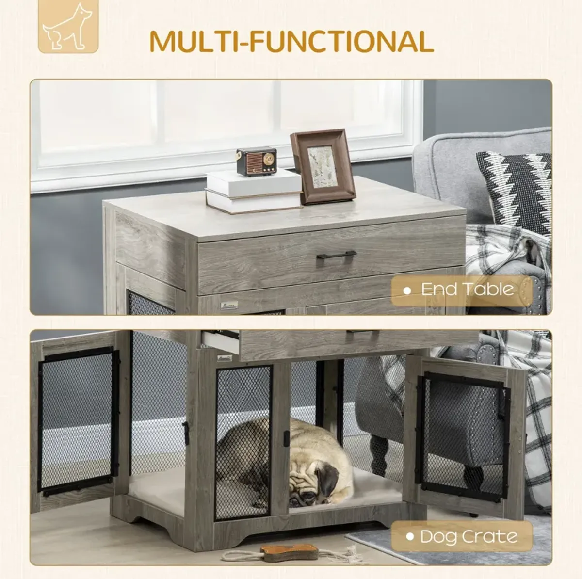 Gray Luxury Pet Crate: End Table with Cushion for Small Dogs