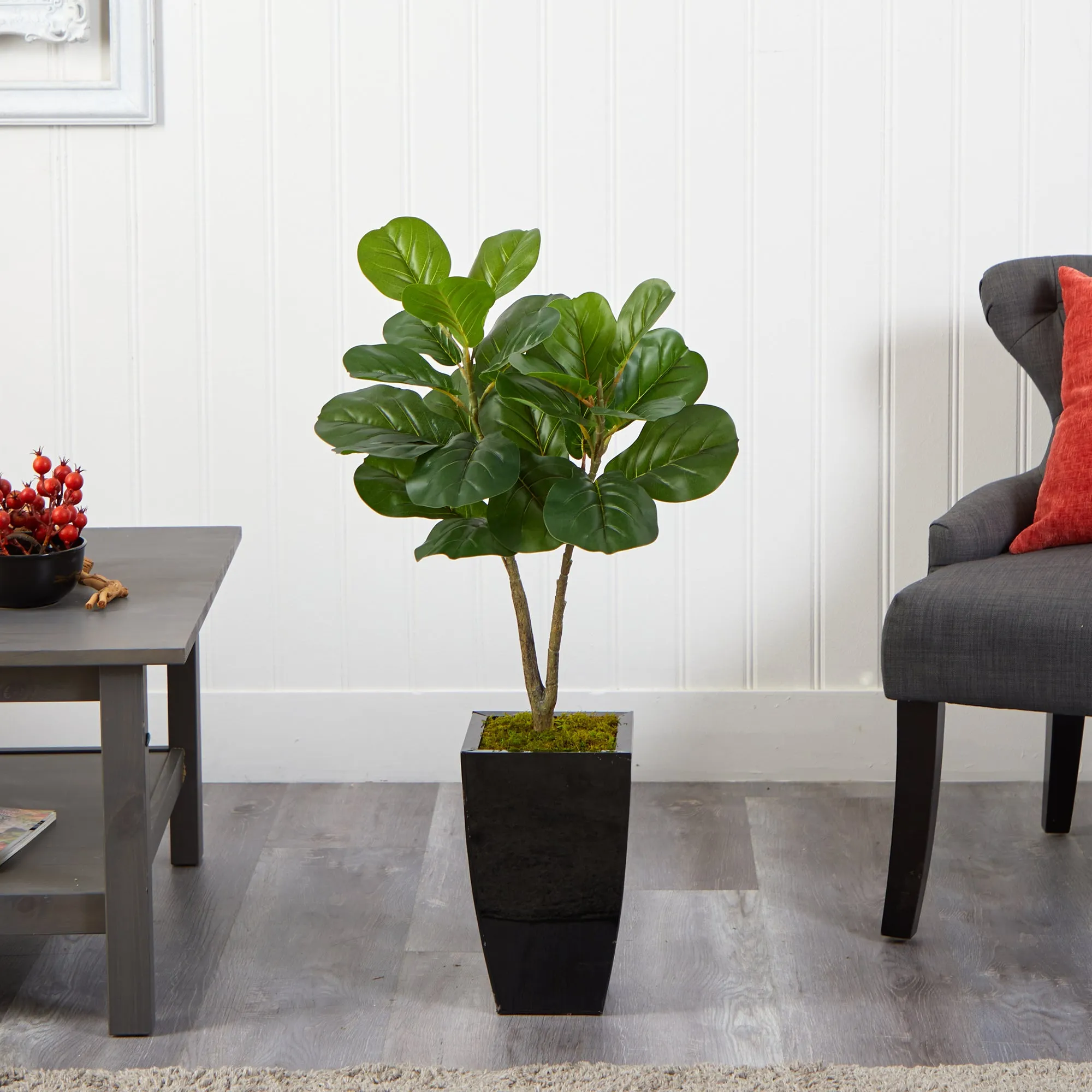 HomPlanti 3 Feet Fiddle Leaf Fig Artificial Tree in Black Metal Planter