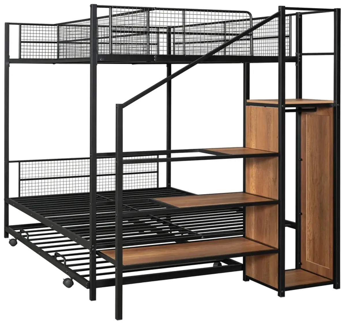 Merax Metal Bunk Bed with Trundle and Wardrobe