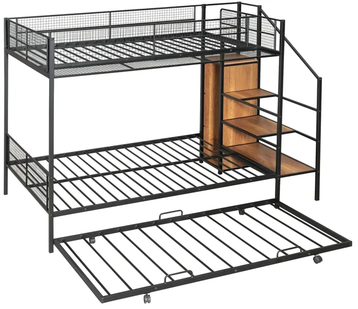 Merax Metal Bunk Bed with Trundle and Wardrobe