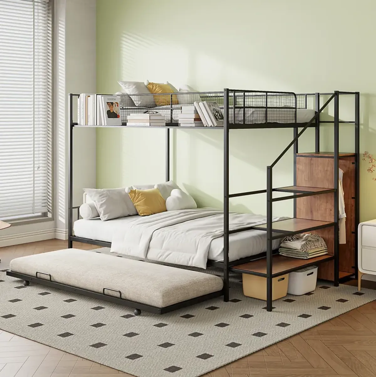 Merax Metal Bunk Bed with Trundle and Wardrobe