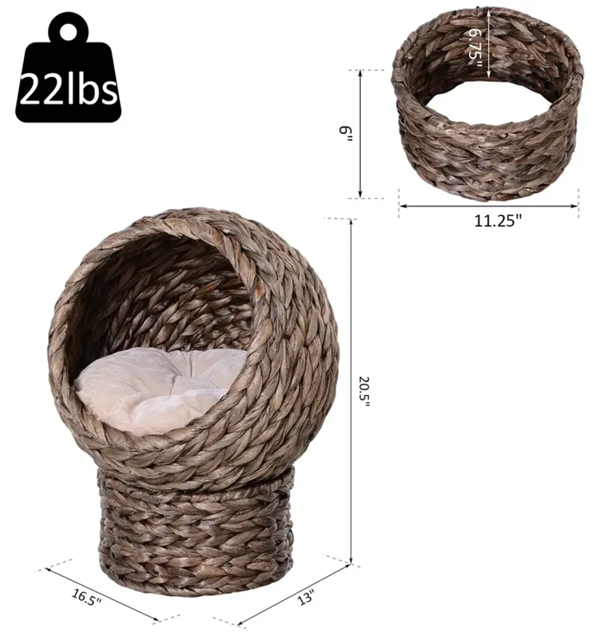 Natural Cat Comfort: 20" Dark Brown Braided Elevated Cat Basket