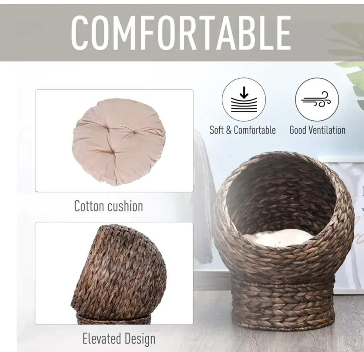 Natural Cat Comfort: 20" Dark Brown Braided Elevated Cat Basket