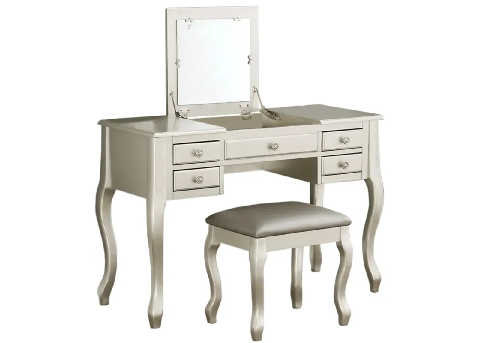 Cherub Vanity Set Featuring Stool And Mirror Silver-Benzara