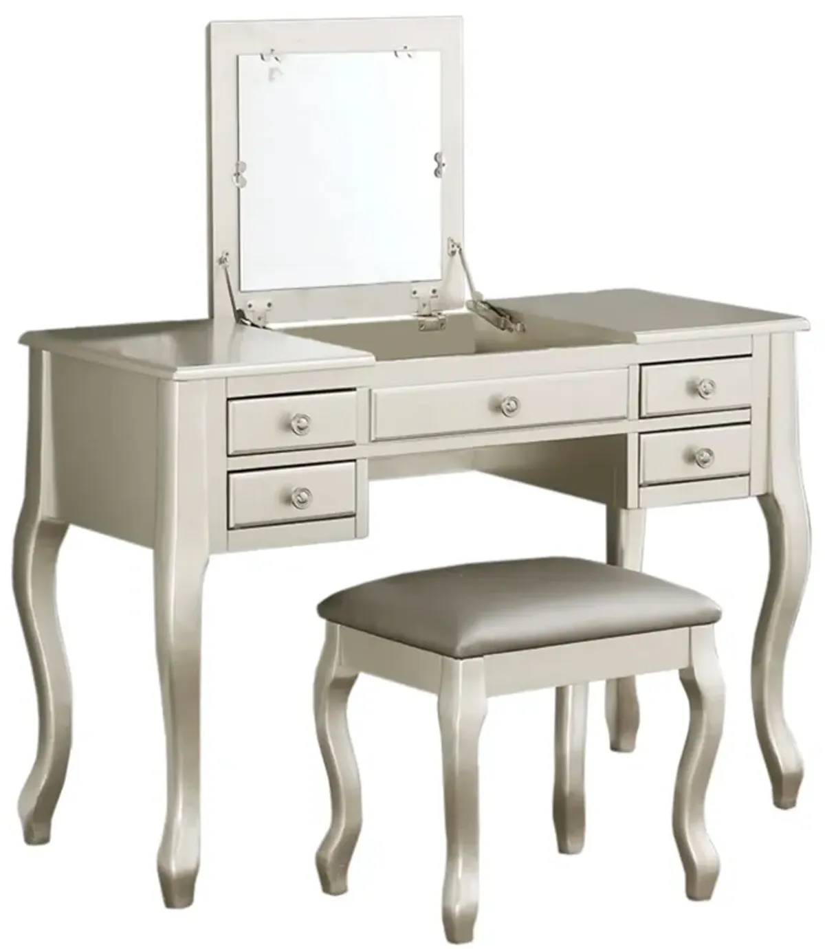 Cherub Vanity Set Featuring Stool And Mirror Silver-Benzara