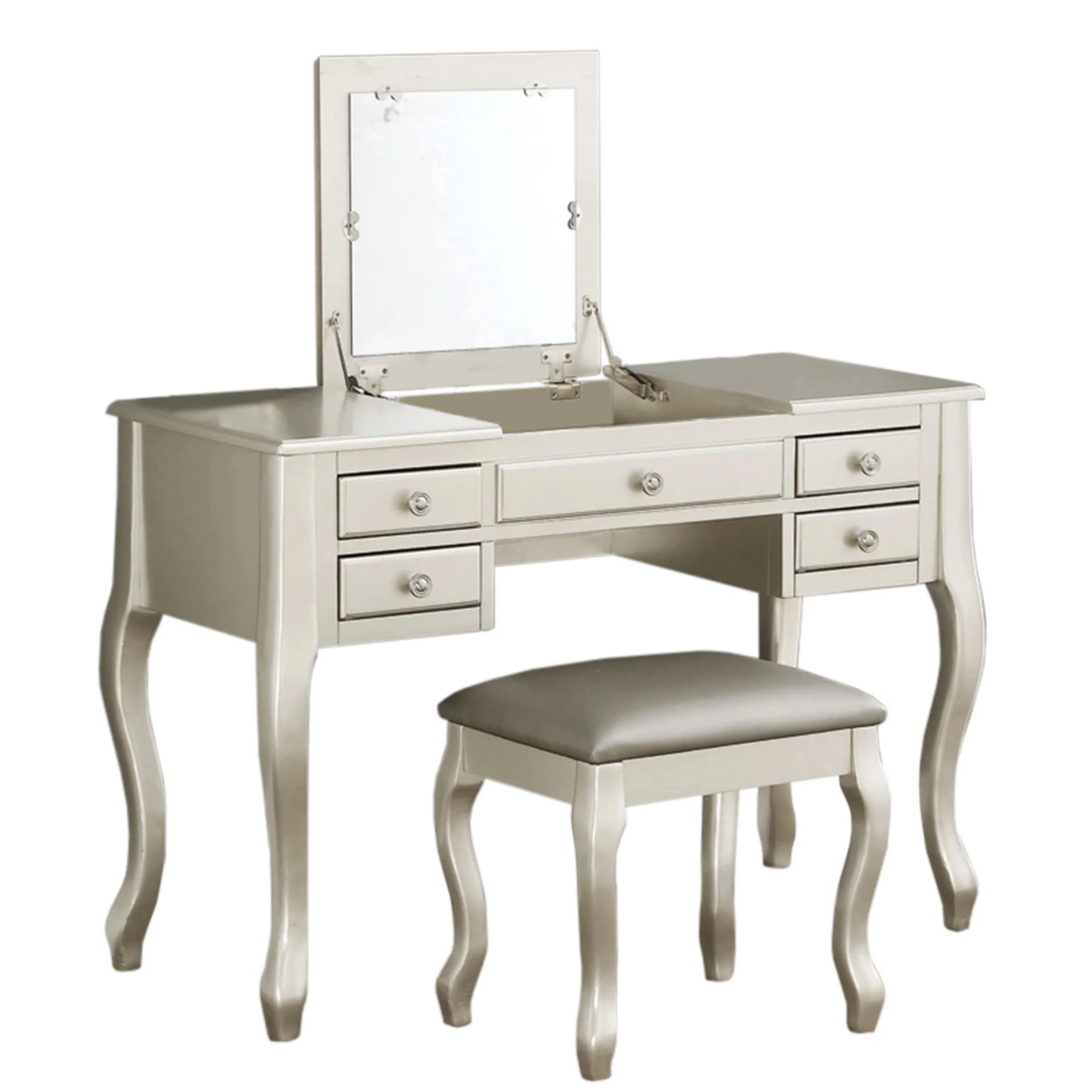 Cherub Vanity Set Featuring Stool And Mirror Silver-Benzara