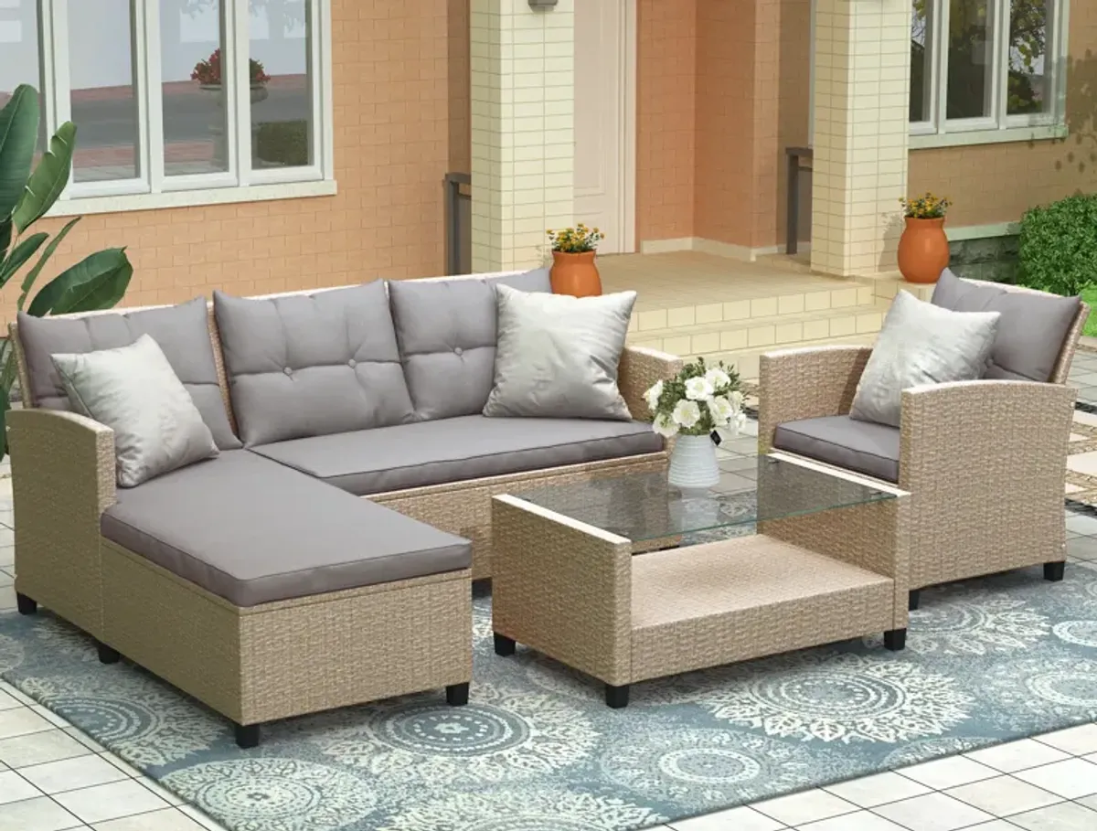 Patio Furniture Sets, 4 Piece Conversation Set Wicker Ratten Sectional Sofa with Seat Cushions