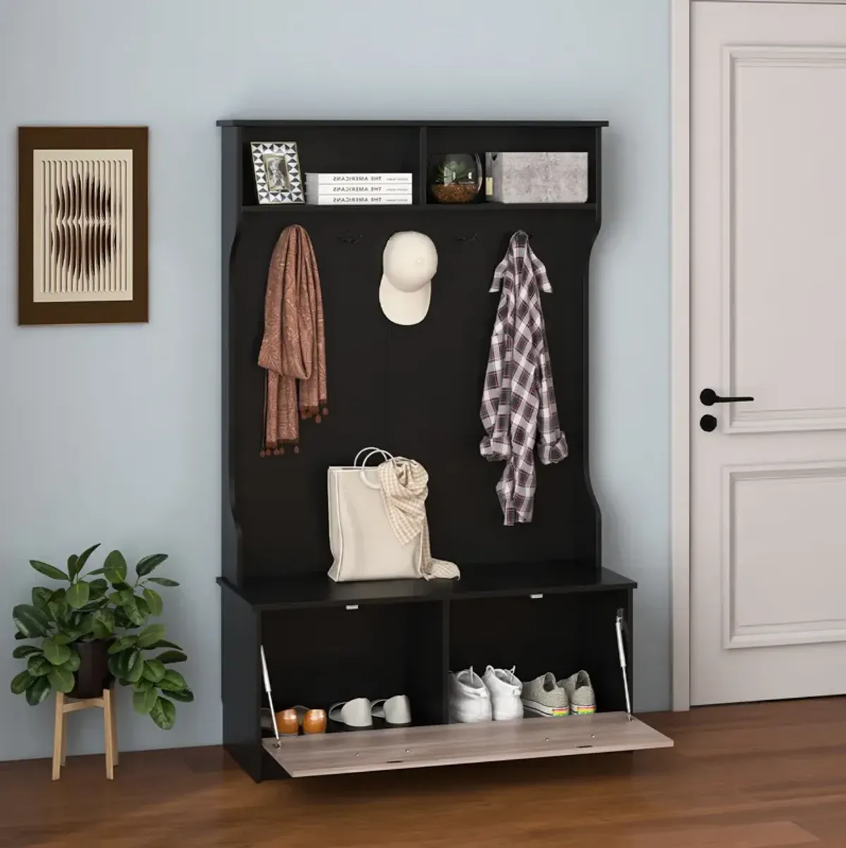 3 in 1 Coat Rack with Entryway Bench and Hooks and Enclosed Cabinet