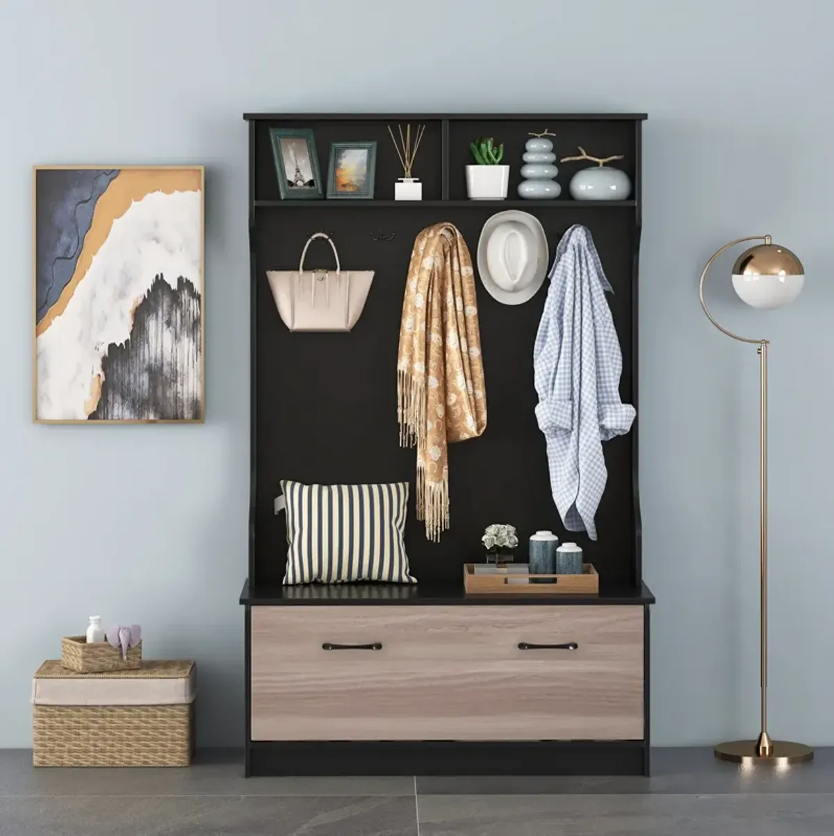 3 in 1 Coat Rack with Entryway Bench and Hooks and Enclosed Cabinet