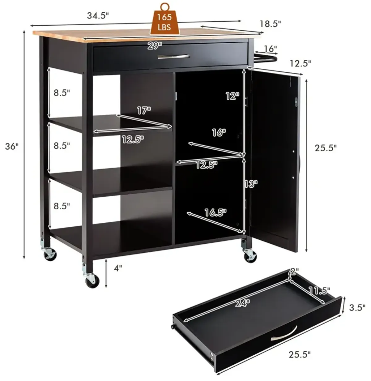 Mobile Kitchen Island Cart with Rubber Wood Top