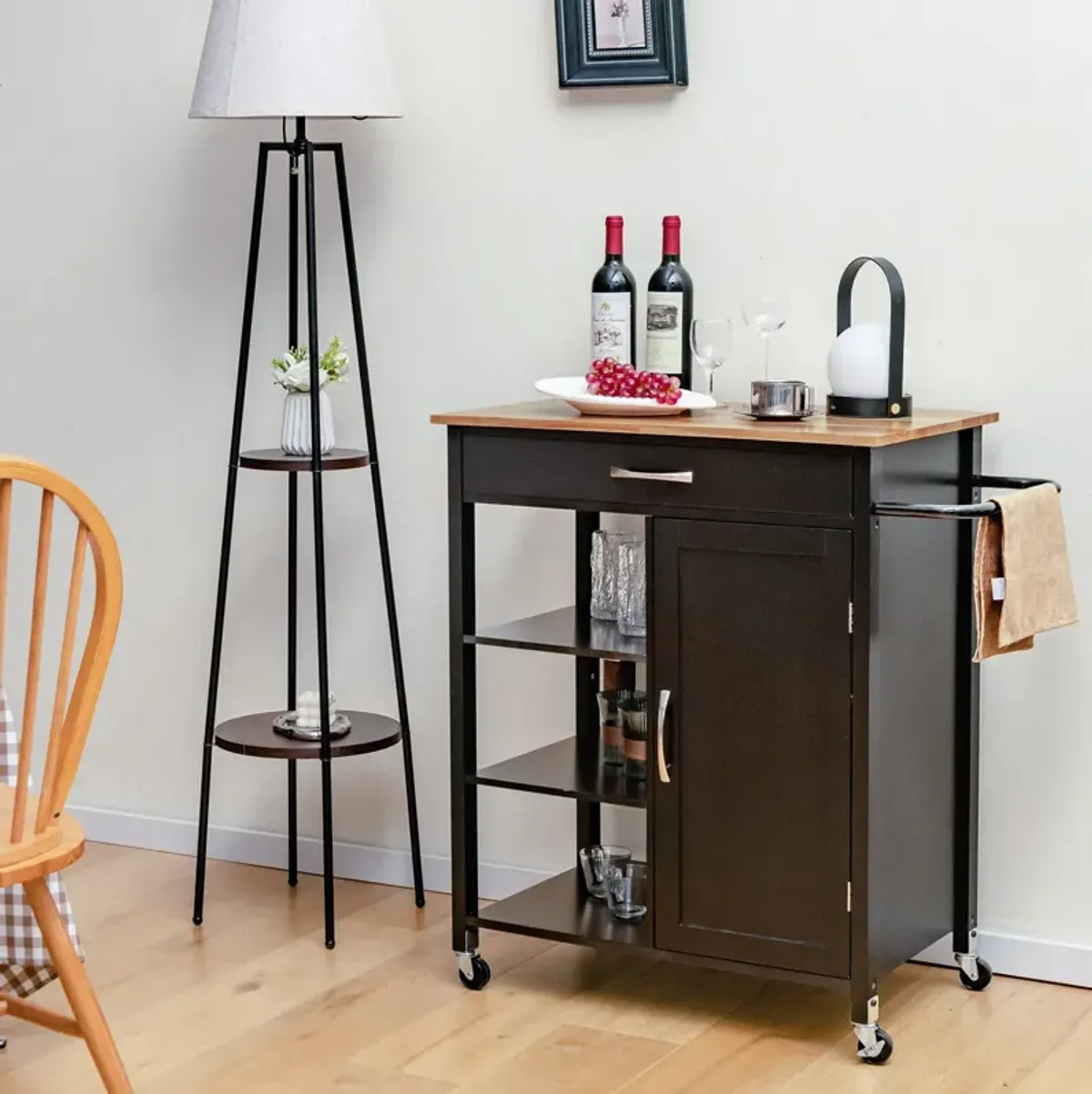 Mobile Kitchen Island Cart with Rubber Wood Top