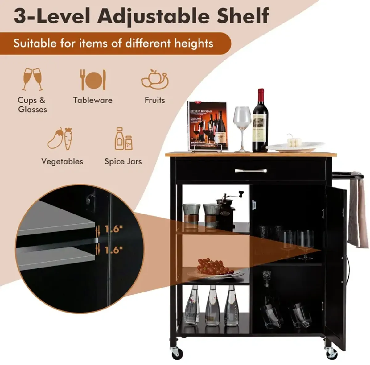 Mobile Kitchen Island Cart with Rubber Wood Top