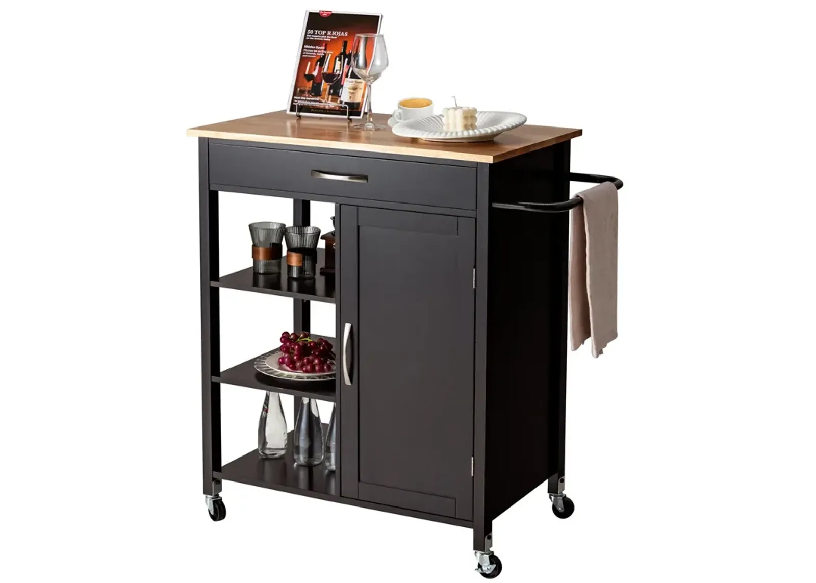 Mobile Kitchen Island Cart with Rubber Wood Top