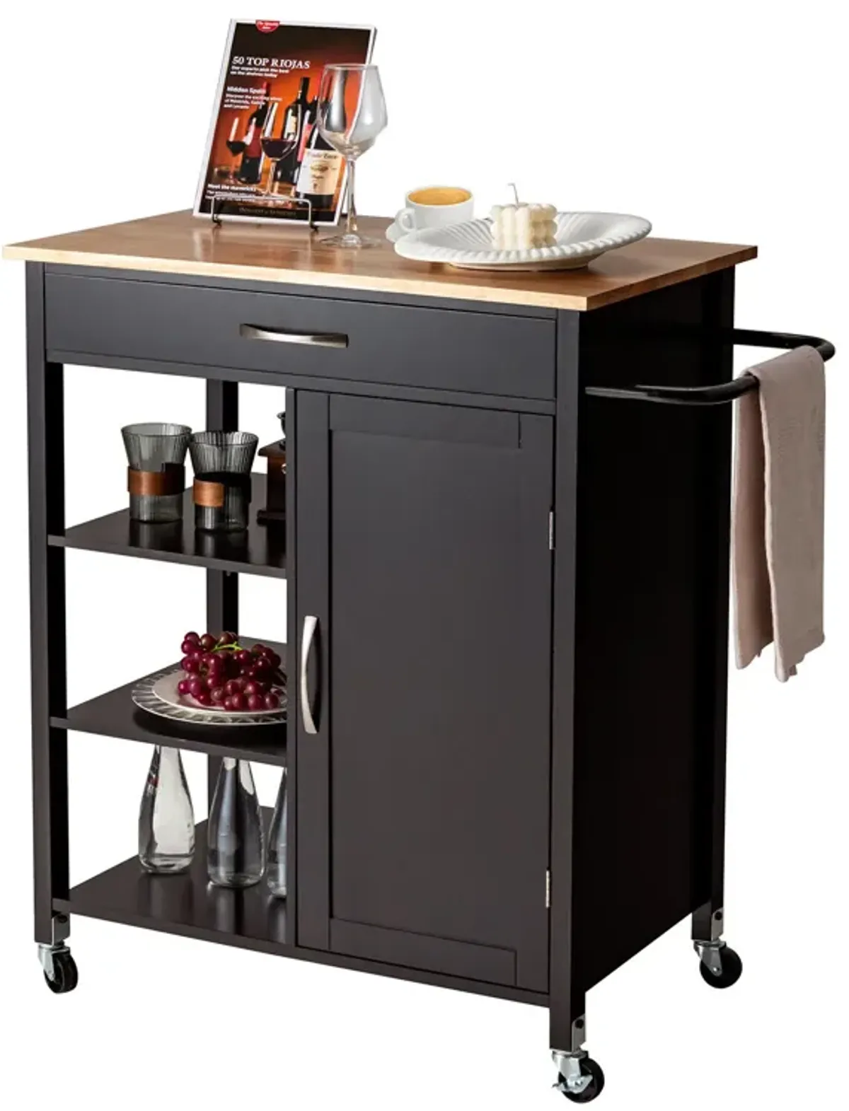 Mobile Kitchen Island Cart with Rubber Wood Top