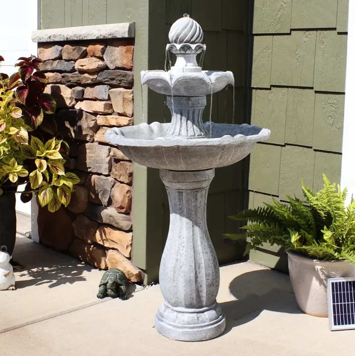 Sunnydaze Arcade Resin Outdoor 2-Tier Solar Fountain with Battery