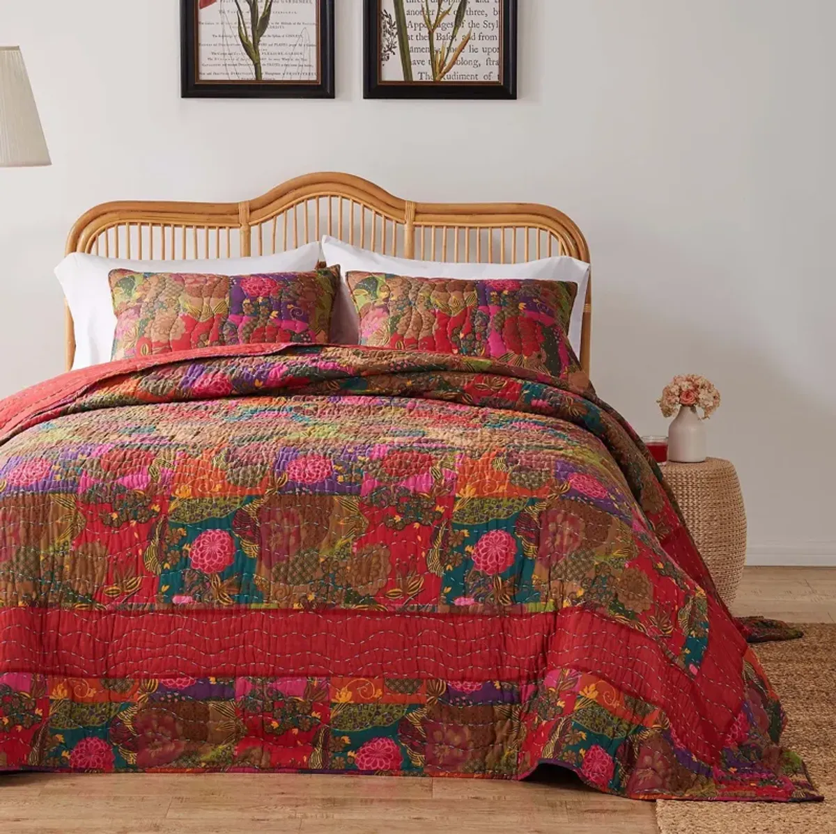 Greenland Home Fashions Jewel Cotton Kantha Quilted Bedspread Set - Jumbo Sized Reversible Quilt Set