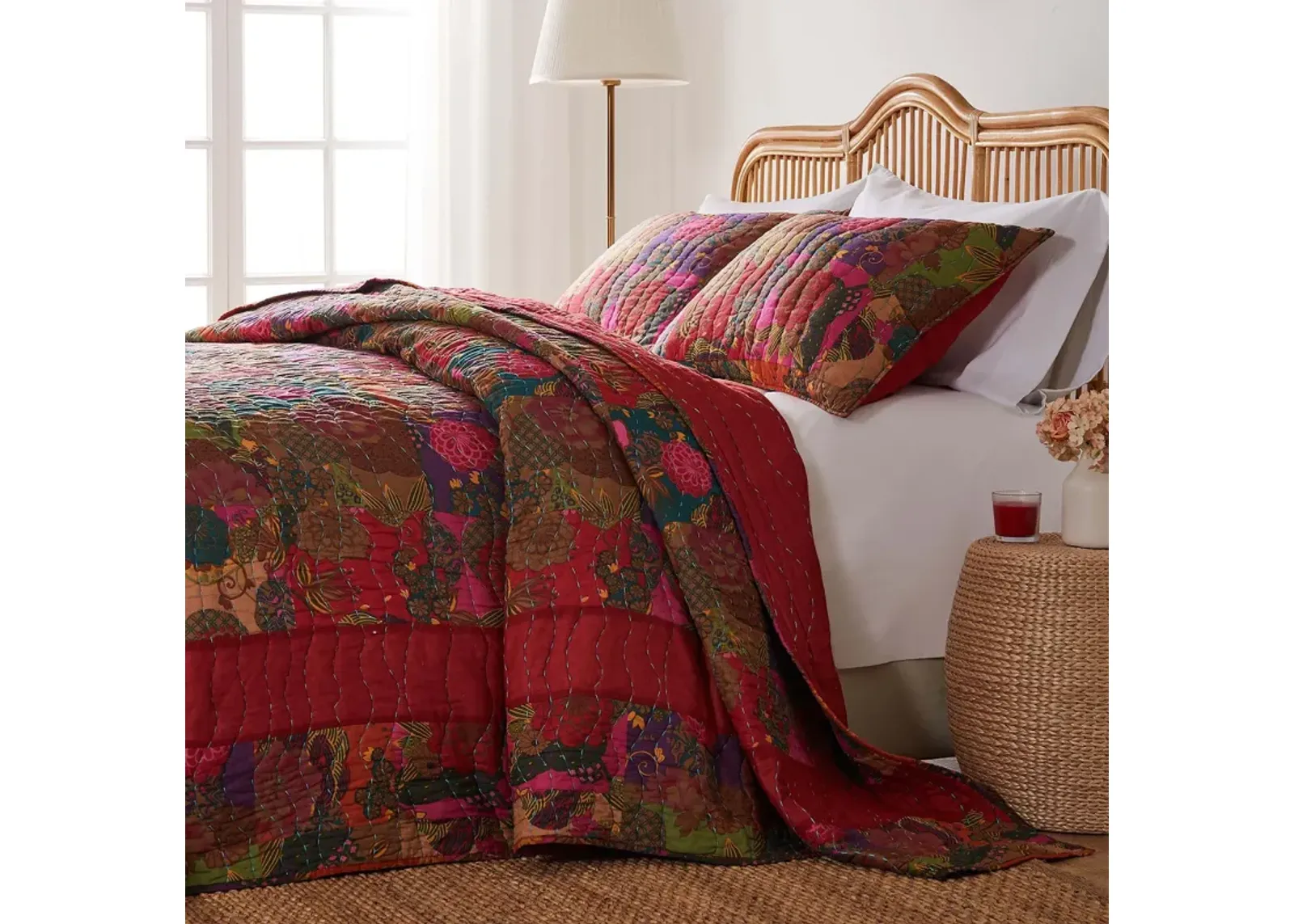 Greenland Home Fashions Jewel Cotton Kantha Quilted Bedspread Set - Jumbo Sized Reversible Quilt Set