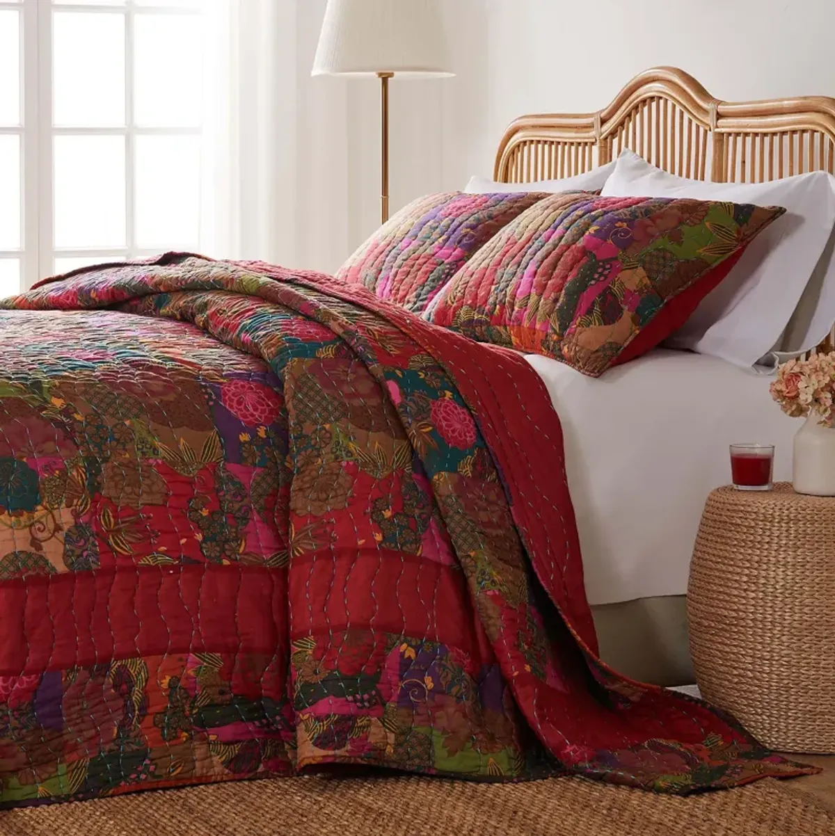 Greenland Home Fashions Jewel Cotton Kantha Quilted Bedspread Set - Jumbo Sized Reversible Quilt Set