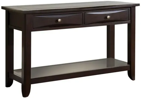 2 Drawer Wooden Sofa Table with Chamfered Legs and Open Shelf, Brown-Benzara