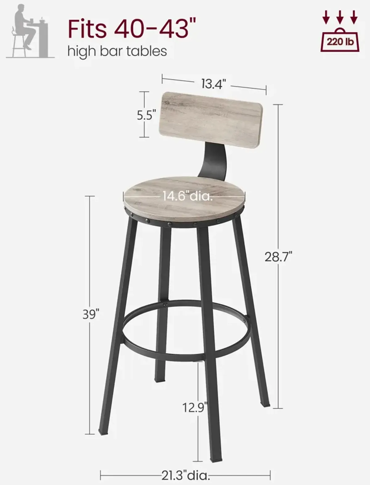 Set of 2 Tall Bar Stools with Backrest – Heavy-Duty Steel Frame for Kitchen