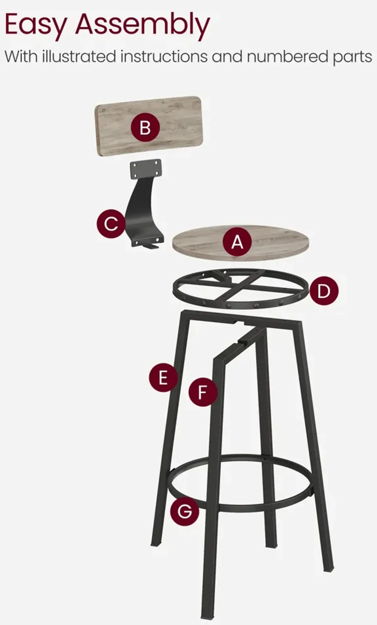 Set of 2 Tall Bar Stools with Backrest – Heavy-Duty Steel Frame for Kitchen